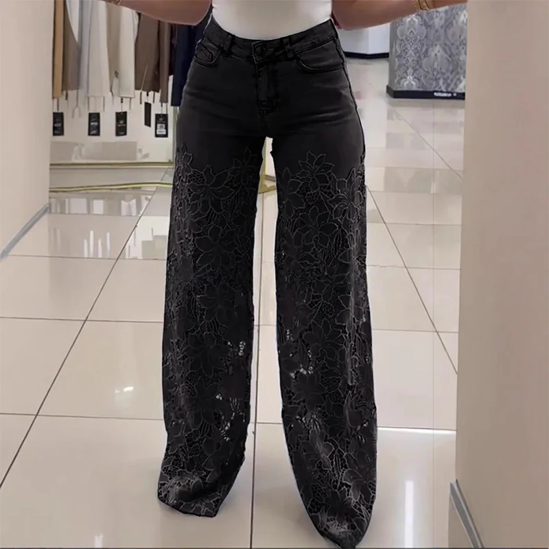 Kathy - Pantalones vaqueros de mezclilla con retazos y encaje a la moda