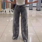 Kathy - Pantalones vaqueros de mezclilla con retazos y encaje a la moda