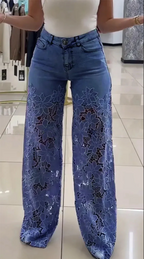 Kathy - Pantalones vaqueros de mezclilla con retazos y encaje a la moda